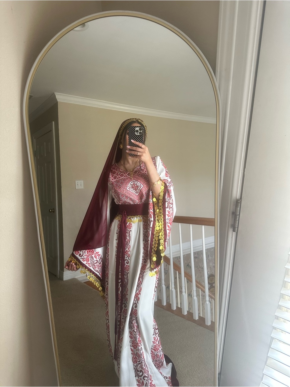Embroidered Burgundy and White Henna thobe with Gold Coin Trim size small